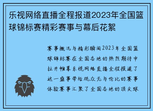 乐视网络直播全程报道2023年全国篮球锦标赛精彩赛事与幕后花絮